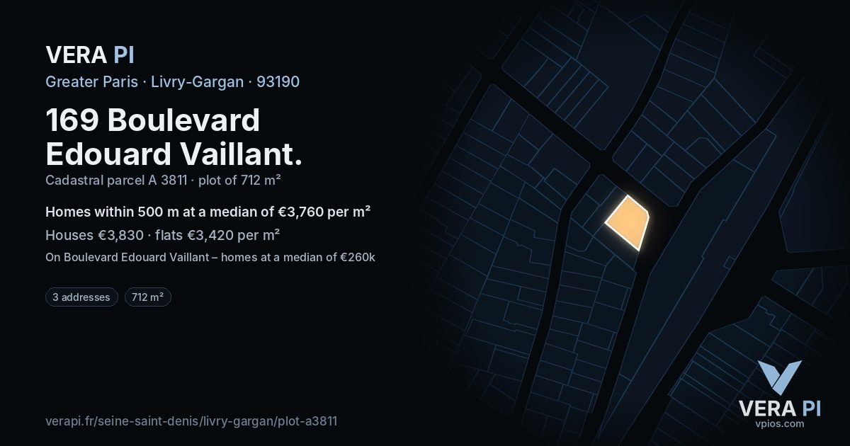 169 Boulevard Edouard Vaillant, Livry-Gargan at night – the plot lit, the parcels around coloured by the prices near them