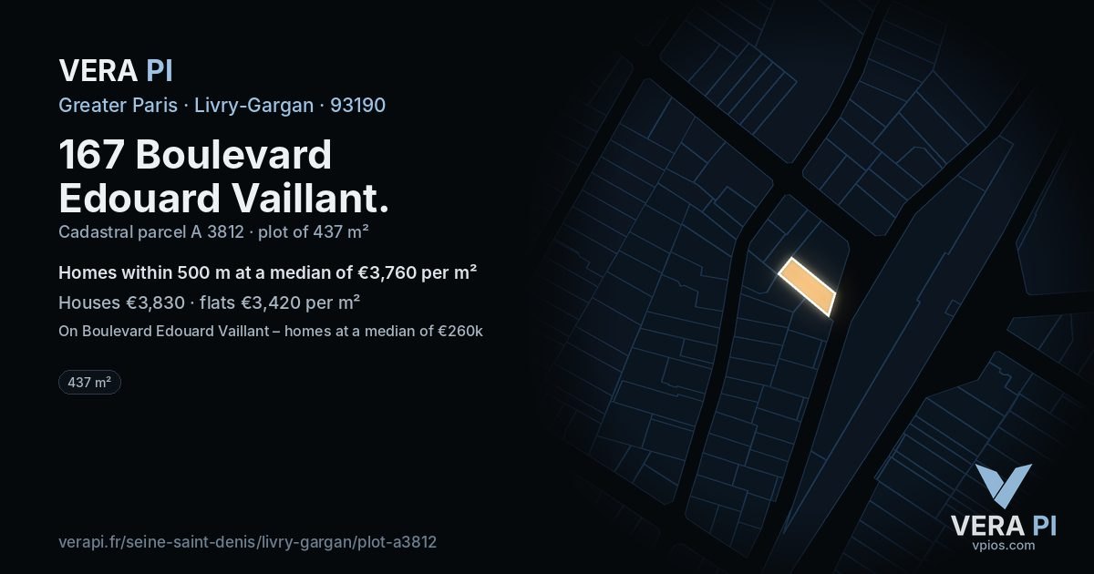 167 Boulevard Edouard Vaillant, Livry-Gargan at night – the plot lit, the parcels around coloured by the prices near them
