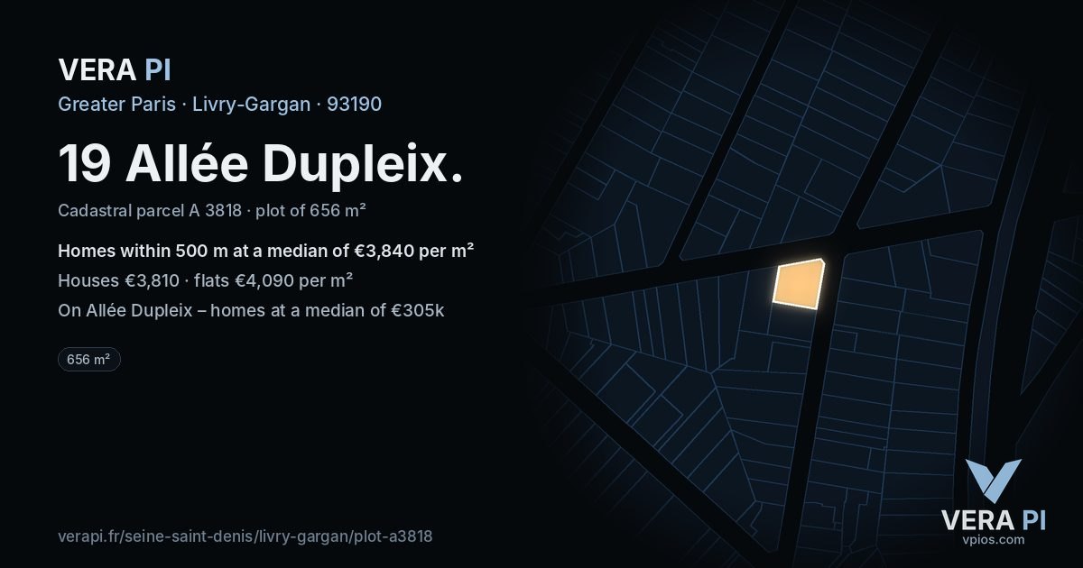 19 Allée Dupleix, Livry-Gargan at night – the plot lit, the parcels around coloured by the prices near them