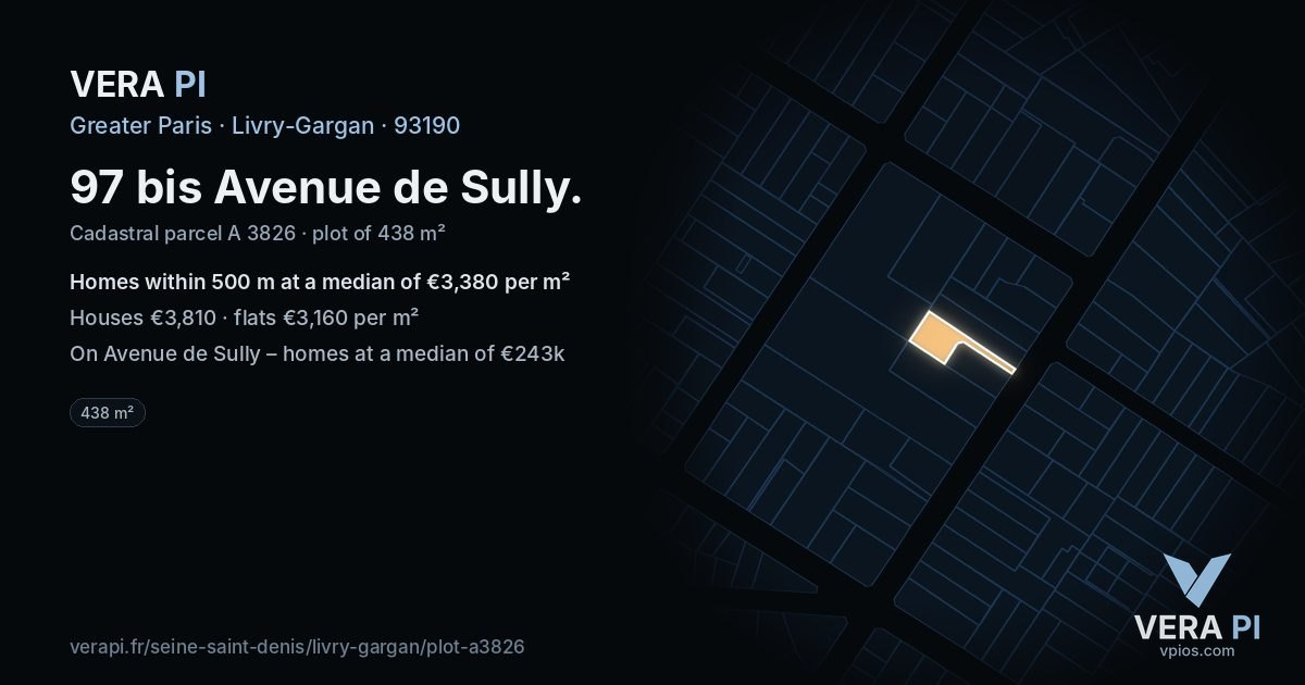 97 bis Avenue de Sully, Livry-Gargan at night – the plot lit, the parcels around coloured by the prices near them