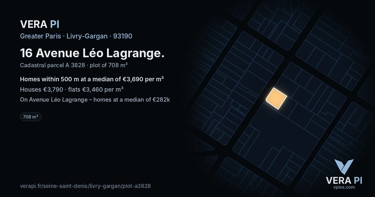 16 Avenue Léo Lagrange, Livry-Gargan at night – the plot lit, the parcels around coloured by the prices near them