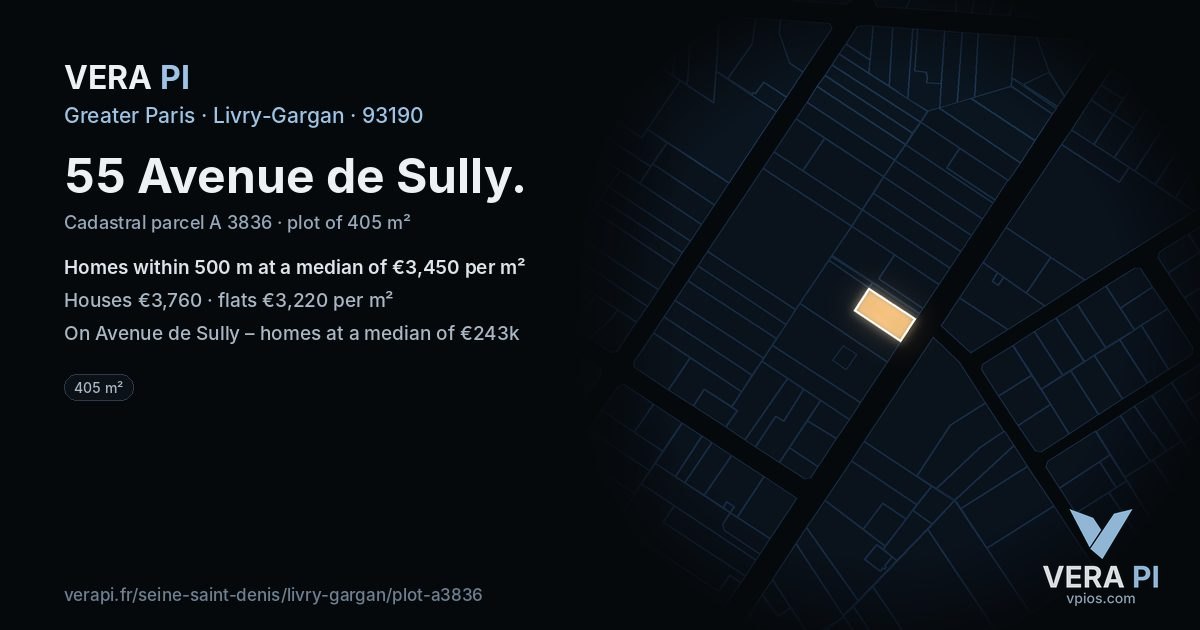 55 Avenue de Sully, Livry-Gargan at night – the plot lit, the parcels around coloured by the prices near them