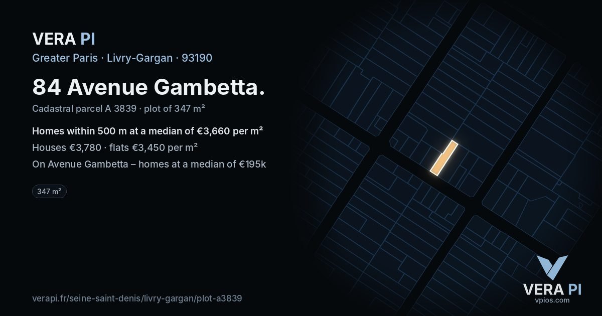 84 Avenue Gambetta, Livry-Gargan at night – the plot lit, the parcels around coloured by the prices near them