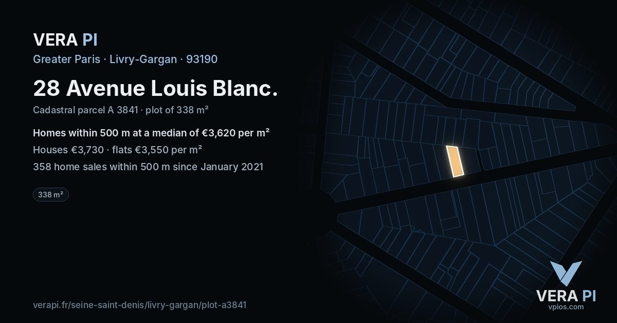 28 Avenue Louis Blanc, Livry-Gargan at night – the plot lit, the parcels around coloured by the prices near them