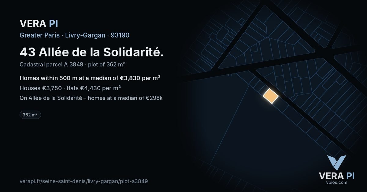 43 Allée de la Solidarité, Livry-Gargan at night – the plot lit, the parcels around coloured by the prices near them