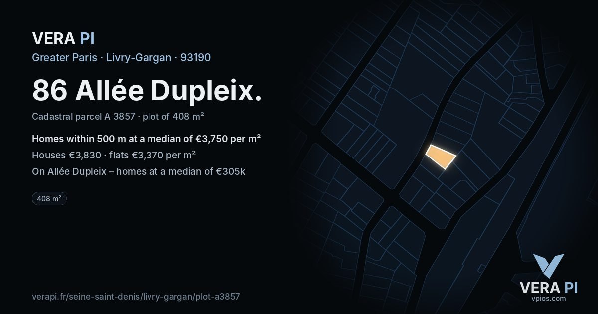 86 Allée Dupleix, Livry-Gargan at night – the plot lit, the parcels around coloured by the prices near them