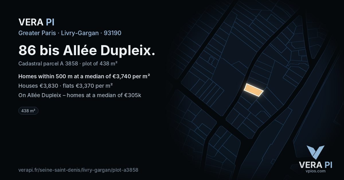 86 bis Allée Dupleix, Livry-Gargan at night – the plot lit, the parcels around coloured by the prices near them