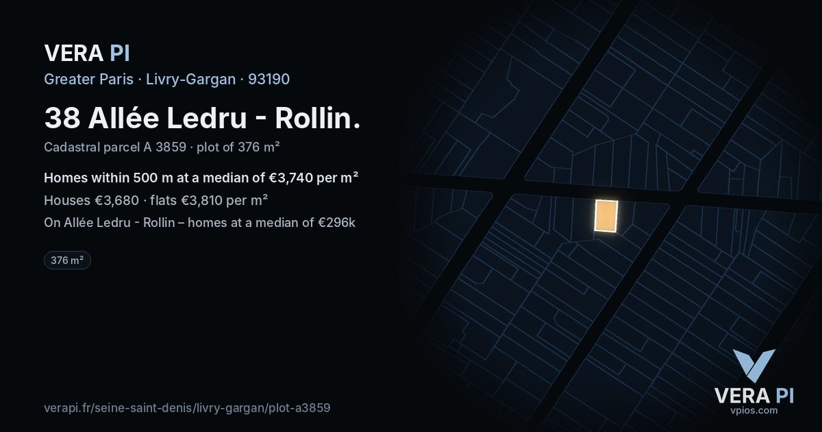 38 Allée Ledru - Rollin, Livry-Gargan at night – the plot lit, the parcels around coloured by the prices near them