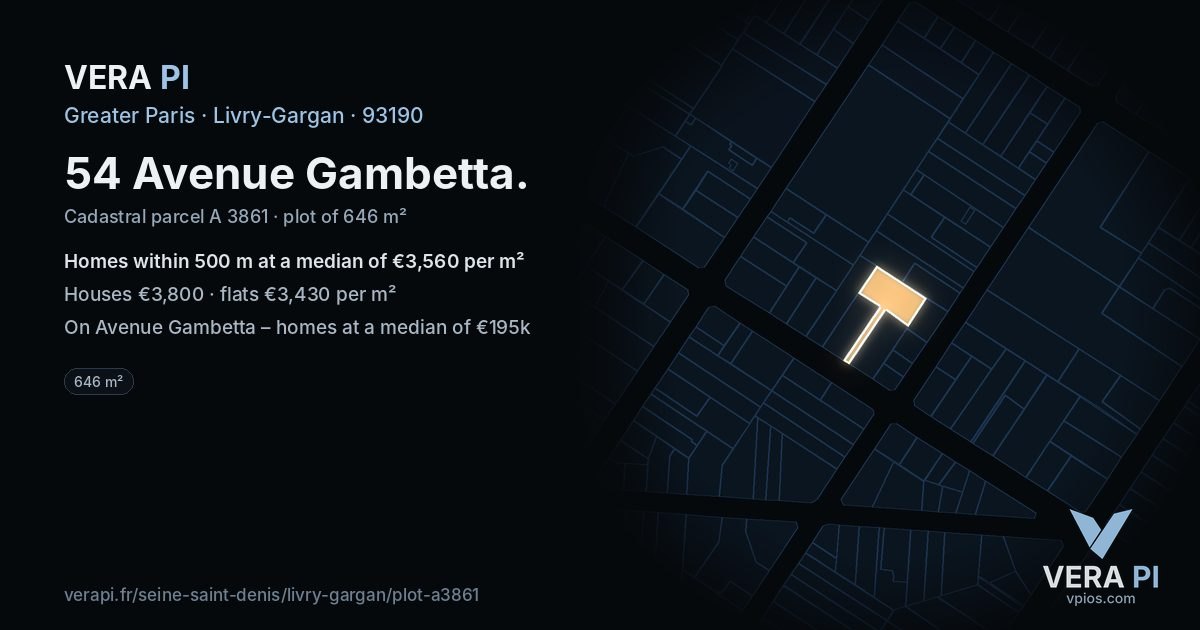 54 Avenue Gambetta, Livry-Gargan at night – the plot lit, the parcels around coloured by the prices near them