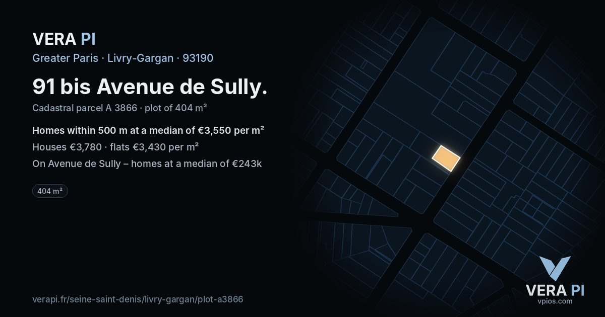 91 bis Avenue de Sully, Livry-Gargan at night – the plot lit, the parcels around coloured by the prices near them