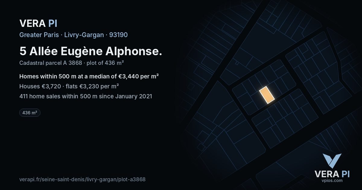 5 Allée Eugène Alphonse, Livry-Gargan at night – the plot lit, the parcels around coloured by the prices near them