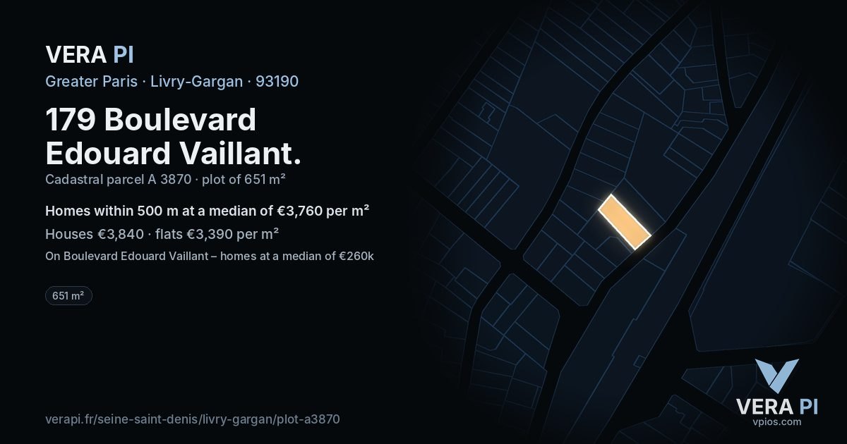 179 Boulevard Edouard Vaillant, Livry-Gargan at night – the plot lit, the parcels around coloured by the prices near them