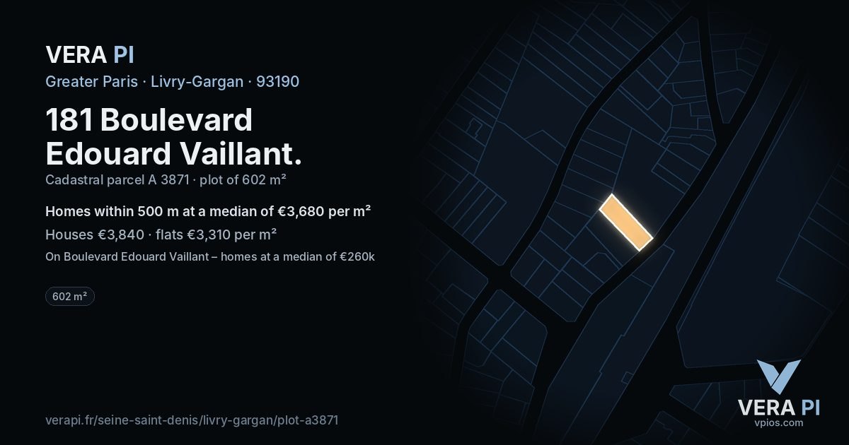 181 Boulevard Edouard Vaillant, Livry-Gargan at night – the plot lit, the parcels around coloured by the prices near them