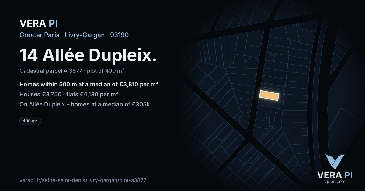 14 Allée Dupleix, Livry-Gargan at night – the plot lit, the parcels around coloured by the prices near them