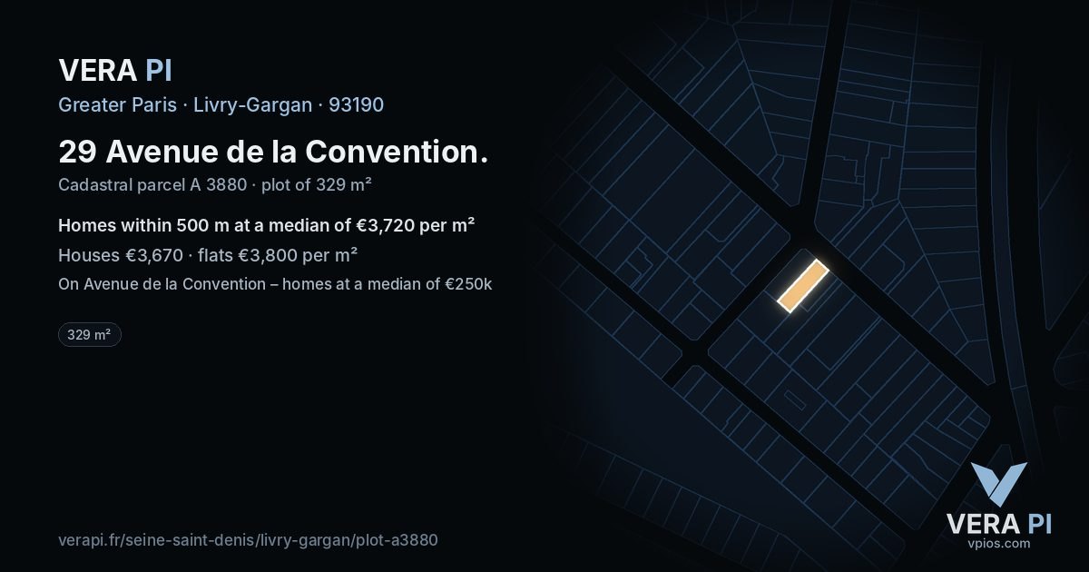 29 Avenue de la Convention, Livry-Gargan at night – the plot lit, the parcels around coloured by the prices near them