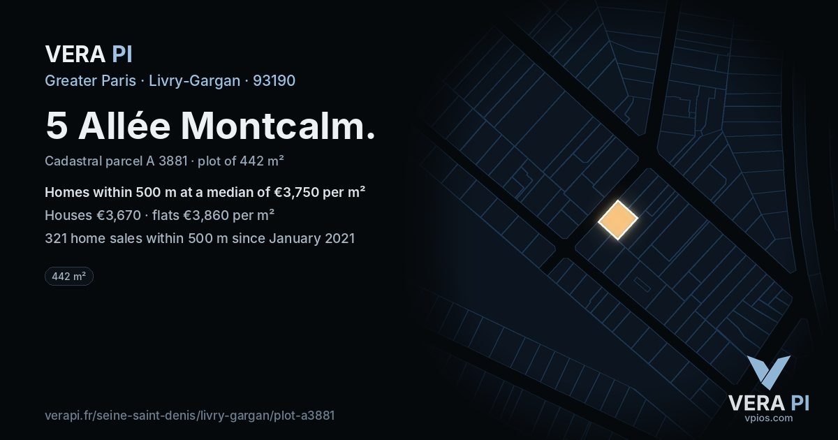 5 Allée Montcalm, Livry-Gargan at night – the plot lit, the parcels around coloured by the prices near them