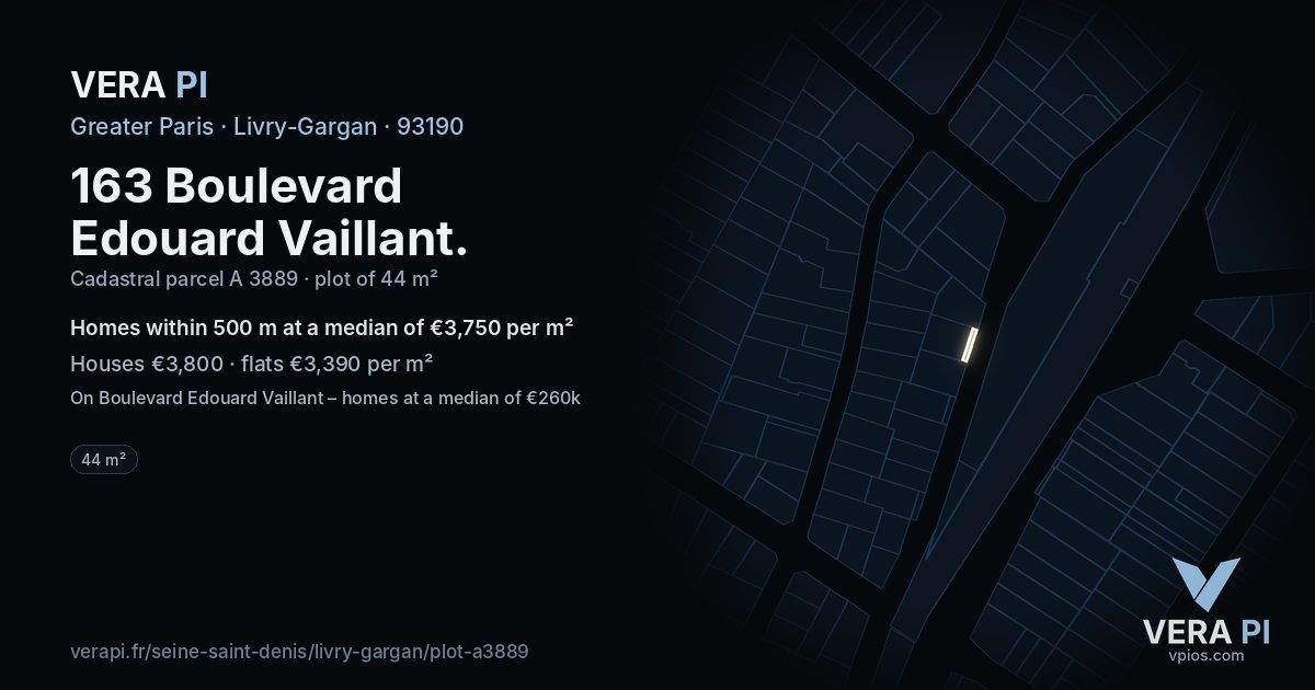 163 Boulevard Edouard Vaillant, Livry-Gargan at night – the plot lit, the parcels around coloured by the prices near them