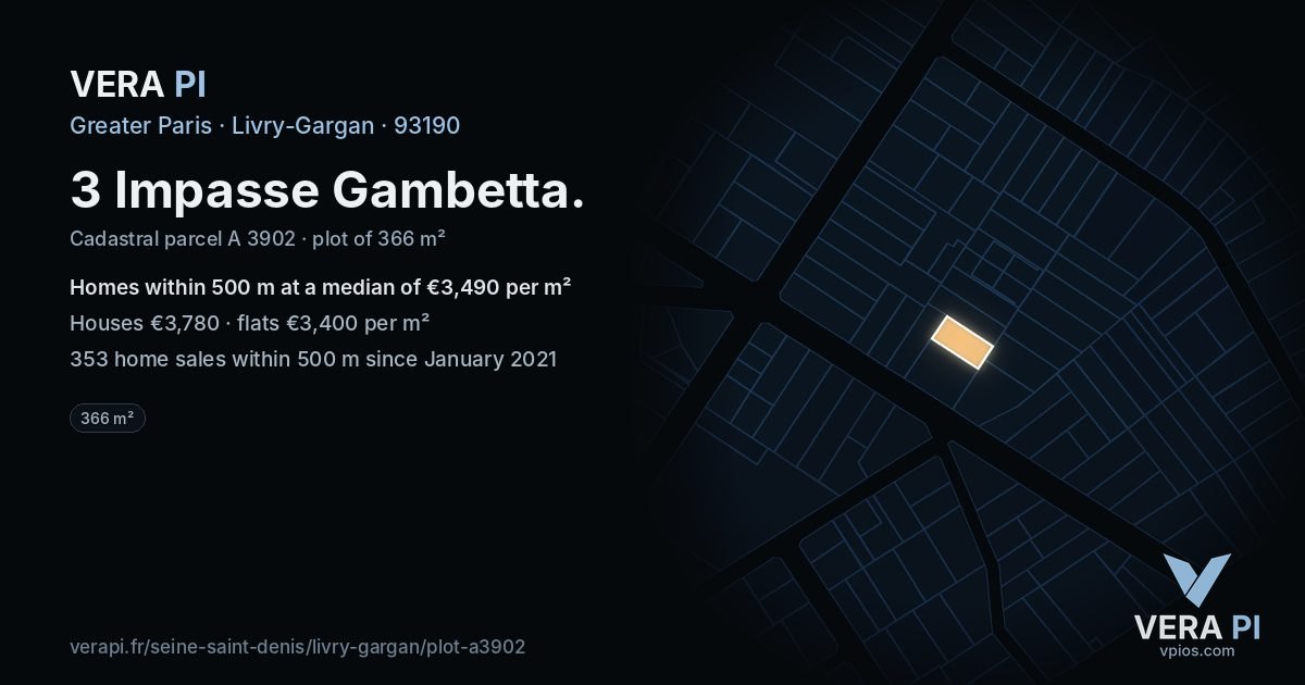 3 Impasse Gambetta, Livry-Gargan at night – the plot lit, the parcels around coloured by the prices near them