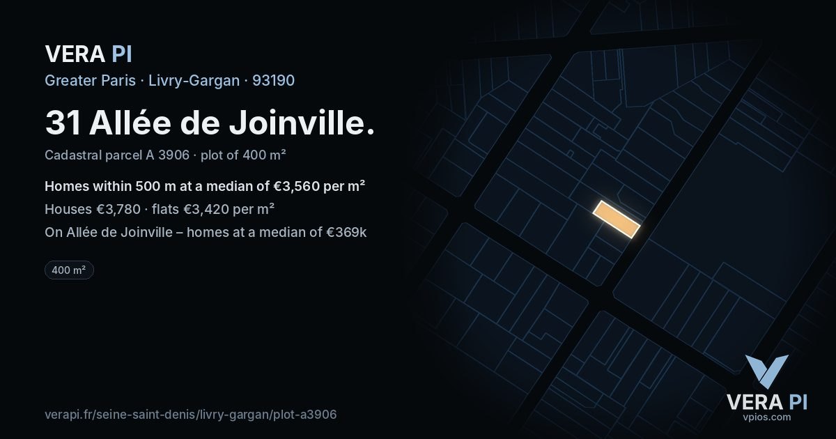 31 Allée de Joinville, Livry-Gargan at night – the plot lit, the parcels around coloured by the prices near them