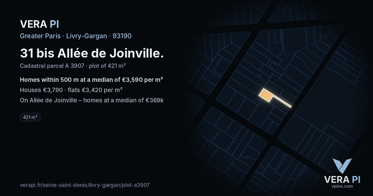 31 bis Allée de Joinville, Livry-Gargan at night – the plot lit, the parcels around coloured by the prices near them