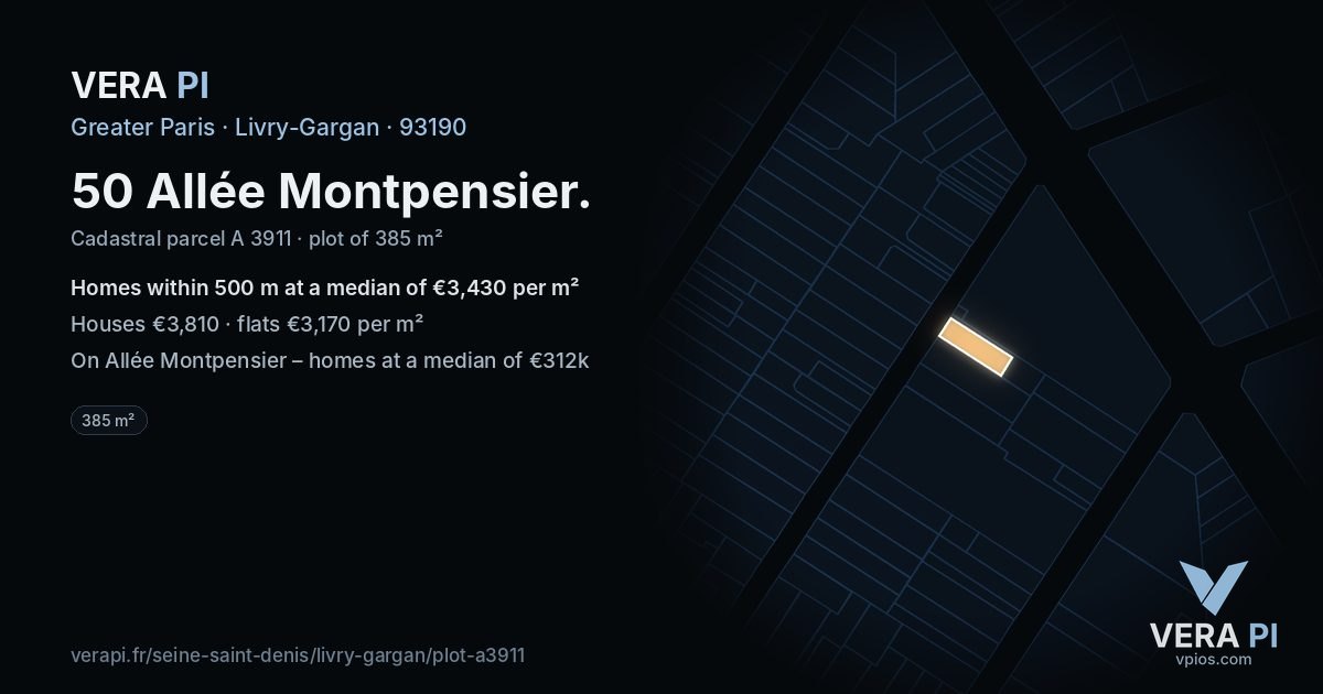 50 Allée Montpensier, Livry-Gargan at night – the plot lit, the parcels around coloured by the prices near them