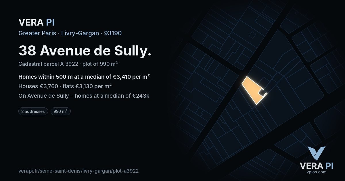 38 Avenue de Sully, Livry-Gargan at night – the plot lit, the parcels around coloured by the prices near them