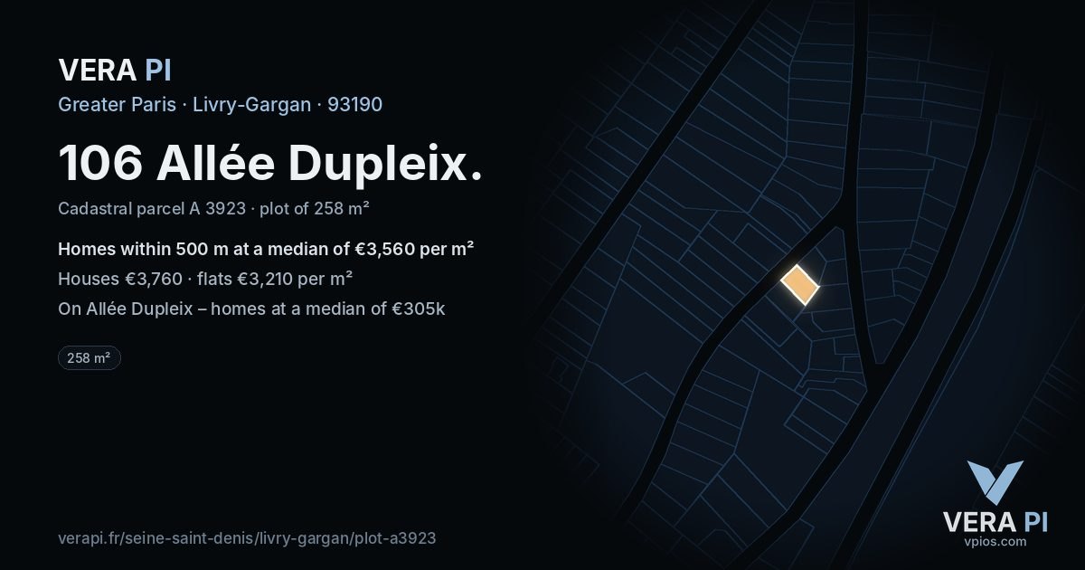 106 Allée Dupleix, Livry-Gargan at night – the plot lit, the parcels around coloured by the prices near them