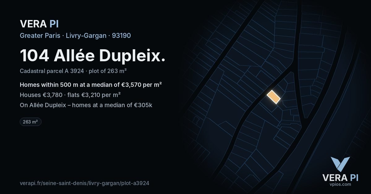 104 Allée Dupleix, Livry-Gargan at night – the plot lit, the parcels around coloured by the prices near them