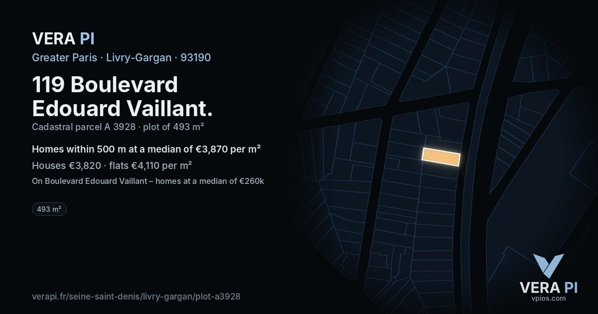 119 Boulevard Edouard Vaillant, Livry-Gargan at night – the plot lit, the parcels around coloured by the prices near them