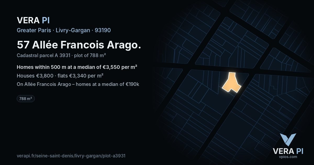 57 Allée Francois Arago, Livry-Gargan at night – the plot lit, the parcels around coloured by the prices near them