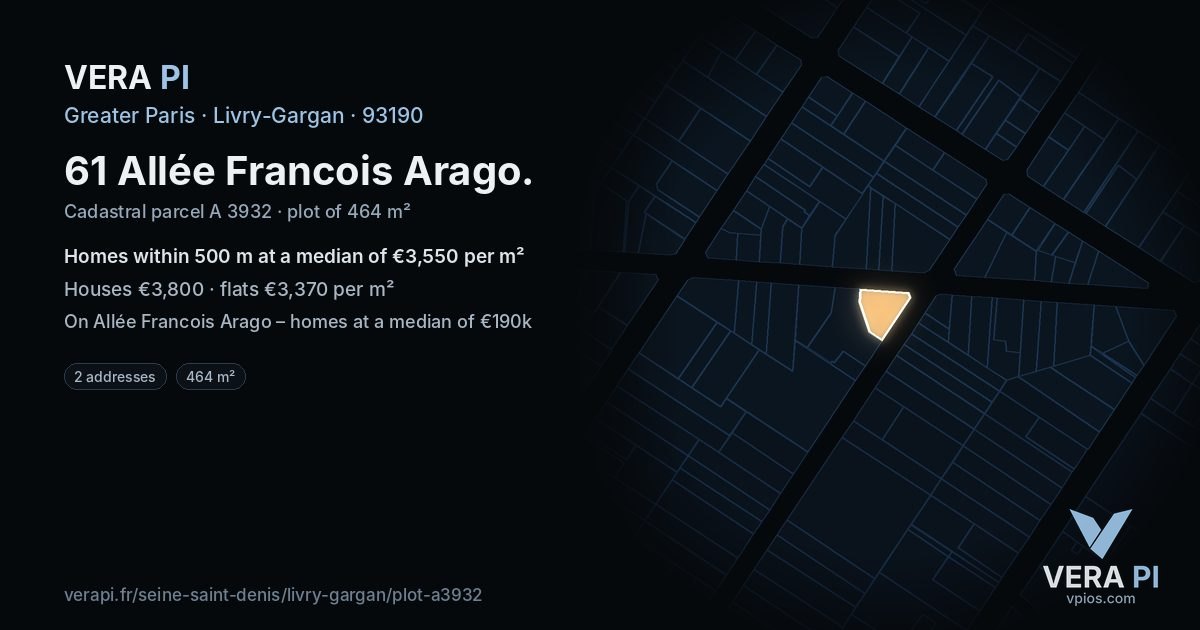 61 Allée Francois Arago, Livry-Gargan at night – the plot lit, the parcels around coloured by the prices near them