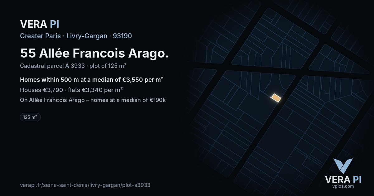 55 Allée Francois Arago, Livry-Gargan at night – the plot lit, the parcels around coloured by the prices near them