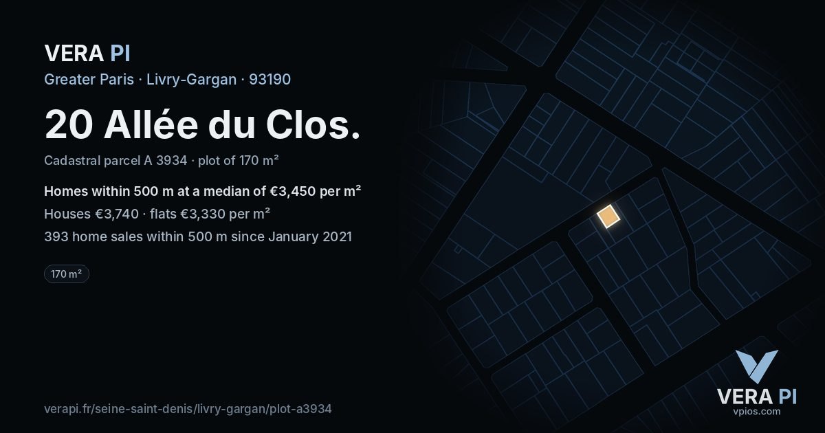 20 Allée du Clos, Livry-Gargan at night – the plot lit, the parcels around coloured by the prices near them