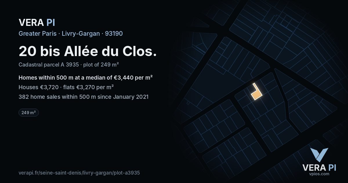 20 bis Allée du Clos, Livry-Gargan at night – the plot lit, the parcels around coloured by the prices near them