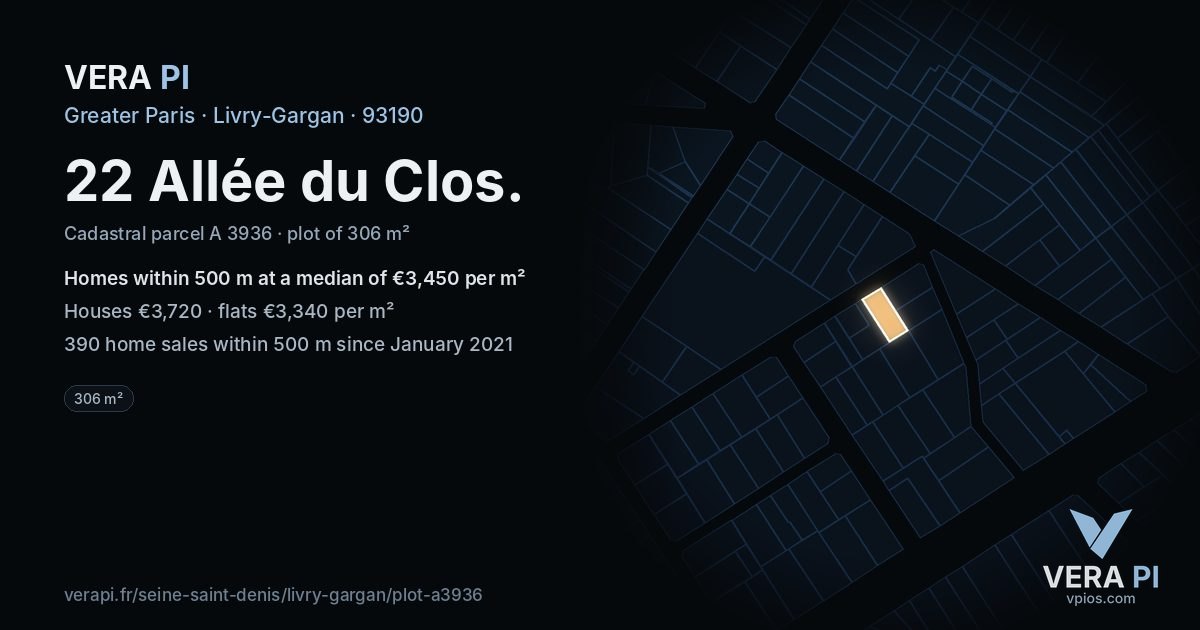 22 Allée du Clos, Livry-Gargan at night – the plot lit, the parcels around coloured by the prices near them