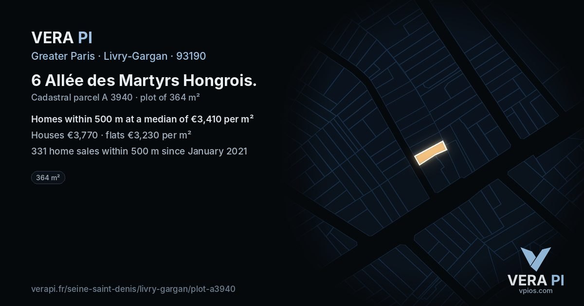 6 Allée des Martyrs Hongrois, Livry-Gargan at night – the plot lit, the parcels around coloured by the prices near them