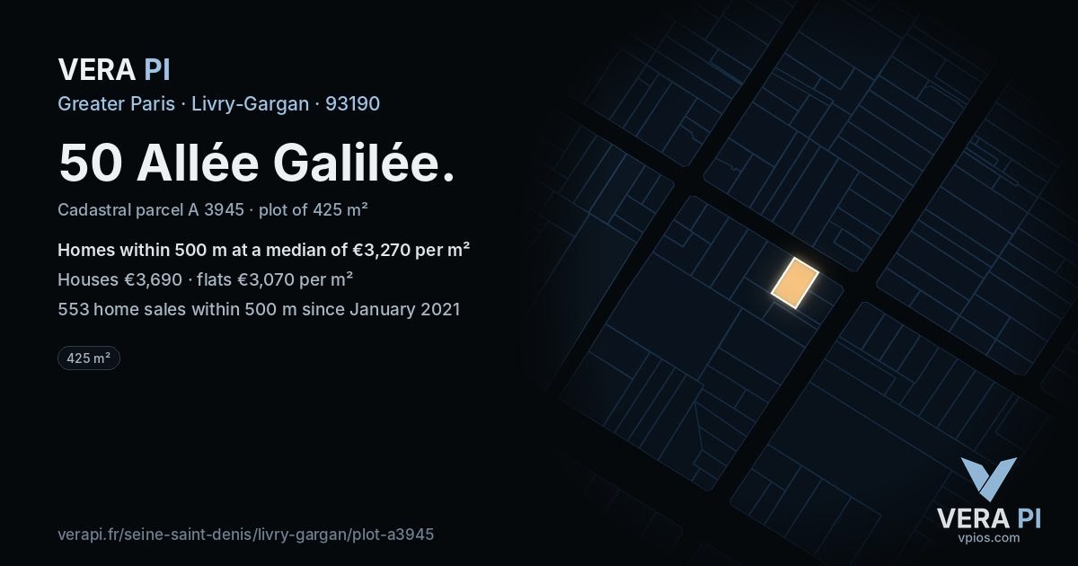 50 Allée Galilée, Livry-Gargan at night – the plot lit, the parcels around coloured by the prices near them