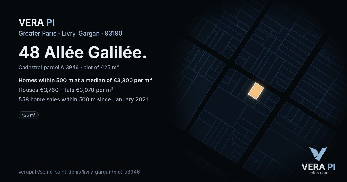 48 Allée Galilée, Livry-Gargan at night – the plot lit, the parcels around coloured by the prices near them