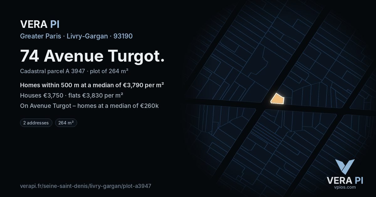 74 Avenue Turgot, Livry-Gargan at night – the plot lit, the parcels around coloured by the prices near them
