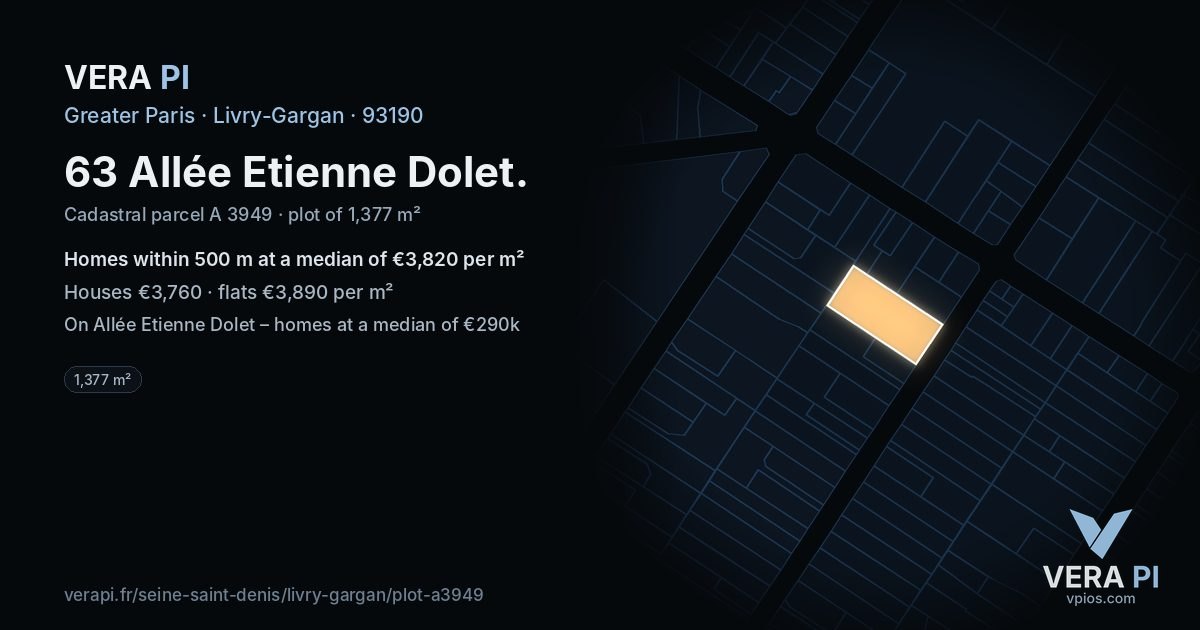 63 Allée Etienne Dolet, Livry-Gargan at night – the plot lit, the parcels around coloured by the prices near them