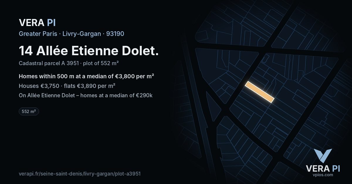 14 Allée Etienne Dolet, Livry-Gargan at night – the plot lit, the parcels around coloured by the prices near them