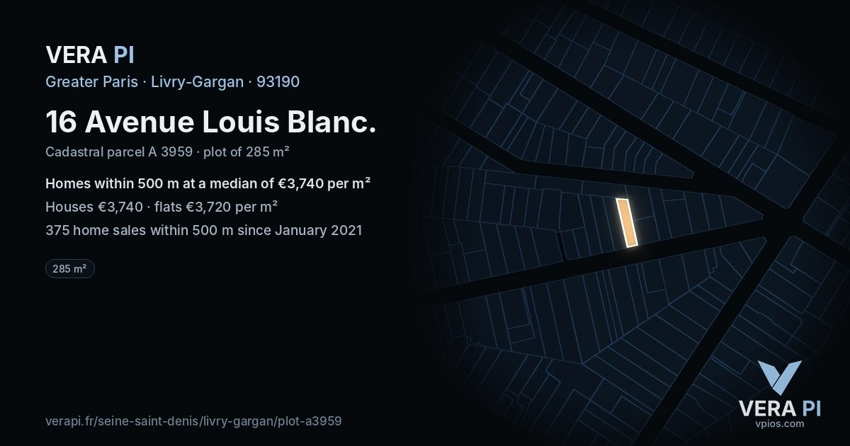 16 Avenue Louis Blanc, Livry-Gargan at night – the plot lit, the parcels around coloured by the prices near them