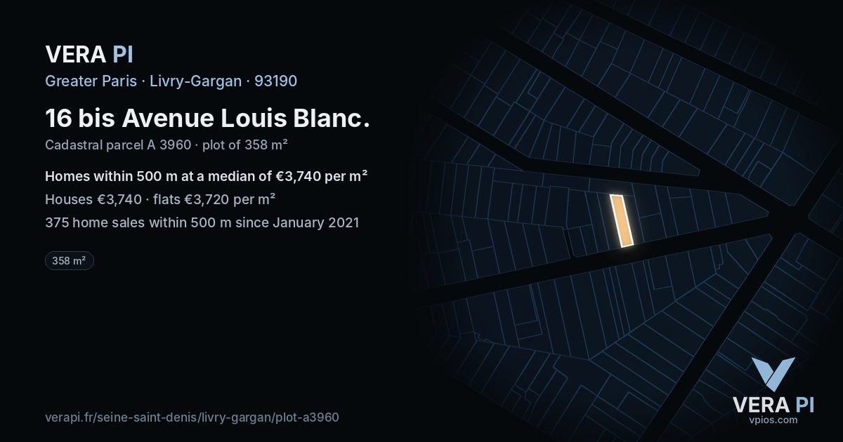 16 bis Avenue Louis Blanc, Livry-Gargan at night – the plot lit, the parcels around coloured by the prices near them