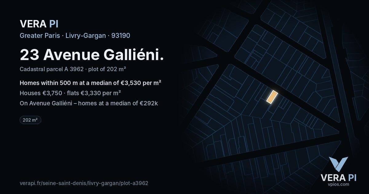23 Avenue Galliéni, Livry-Gargan at night – the plot lit, the parcels around coloured by the prices near them
