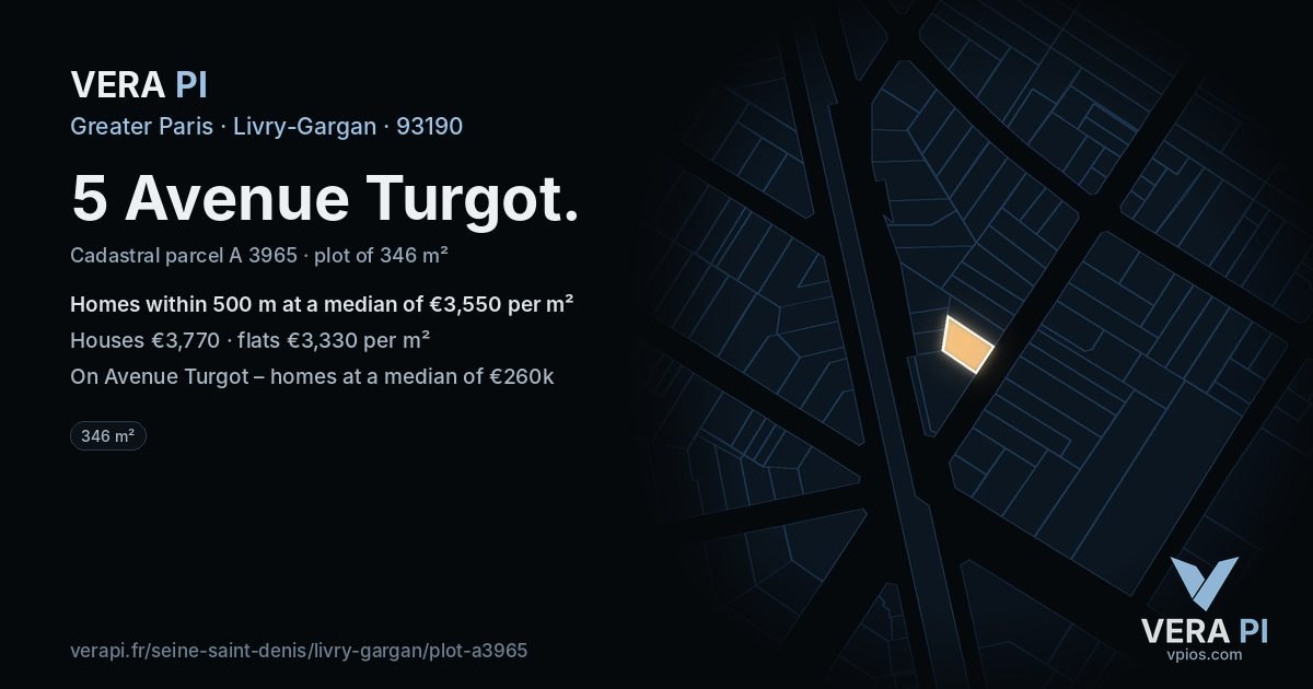 5 Avenue Turgot, Livry-Gargan at night – the plot lit, the parcels around coloured by the prices near them