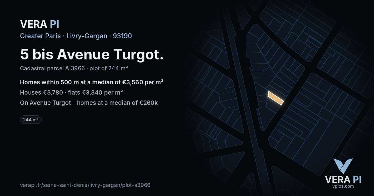 5 bis Avenue Turgot, Livry-Gargan at night – the plot lit, the parcels around coloured by the prices near them
