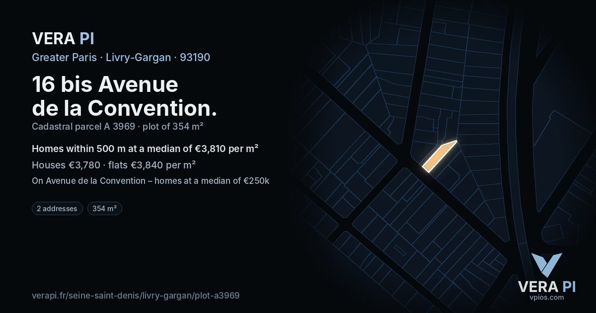 16 bis Avenue de la Convention, Livry-Gargan at night – the plot lit, the parcels around coloured by the prices near them