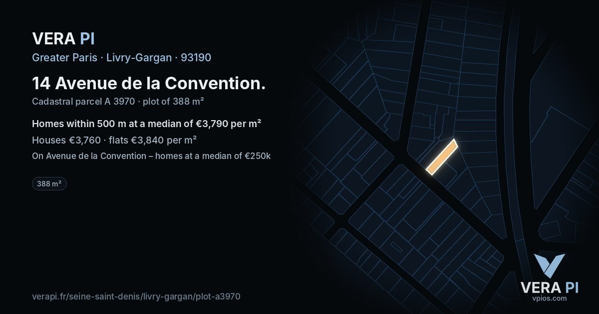 14 Avenue de la Convention, Livry-Gargan at night – the plot lit, the parcels around coloured by the prices near them
