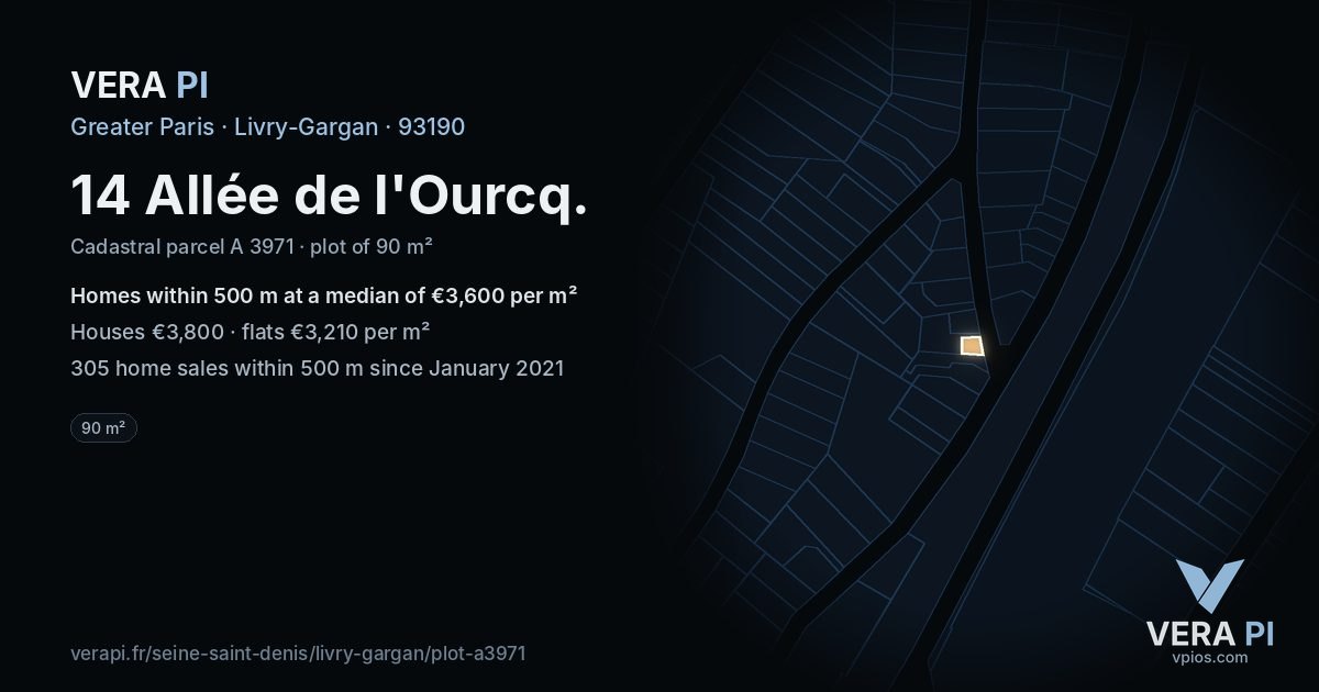14 Allée de l'Ourcq, Livry-Gargan at night – the plot lit, the parcels around coloured by the prices near them