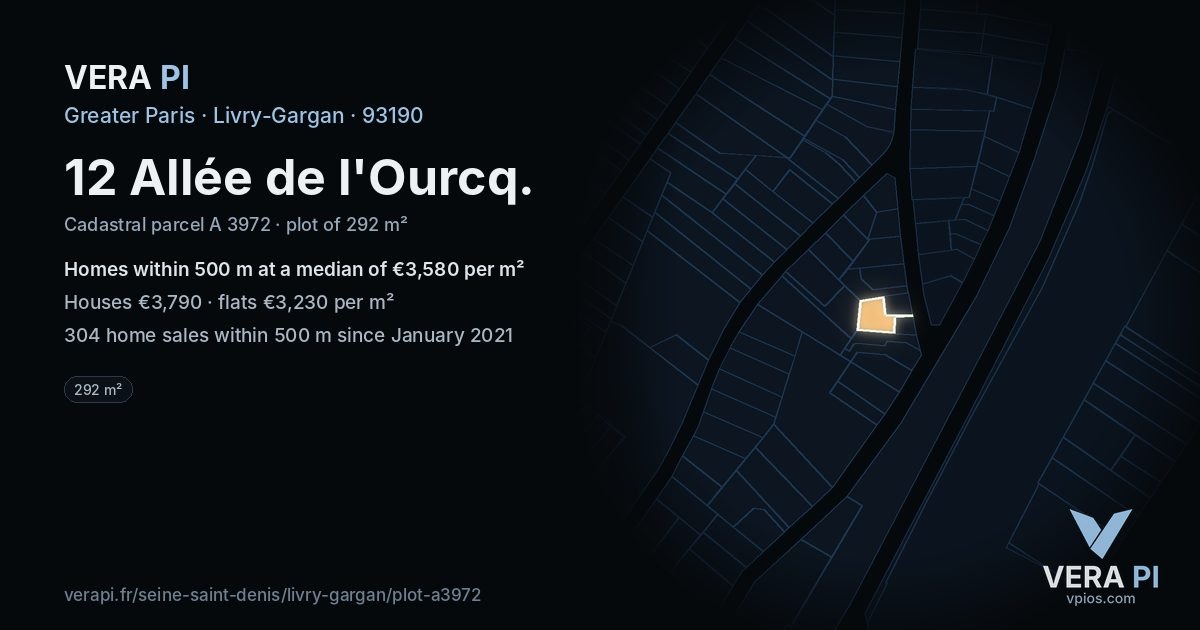 12 Allée de l'Ourcq, Livry-Gargan at night – the plot lit, the parcels around coloured by the prices near them